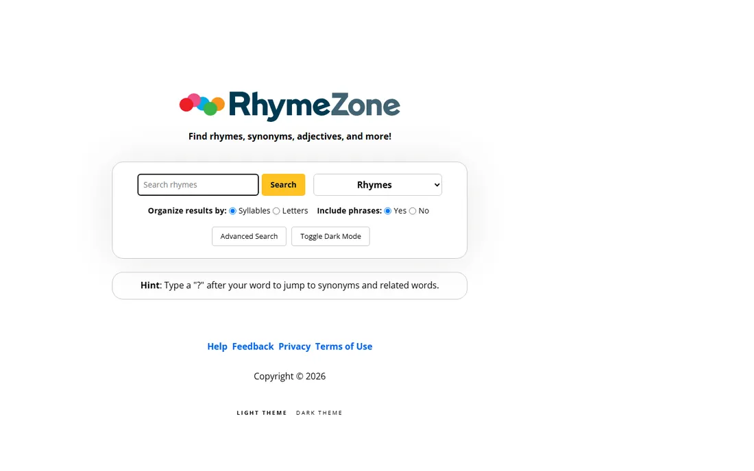 RhymeZone homepage