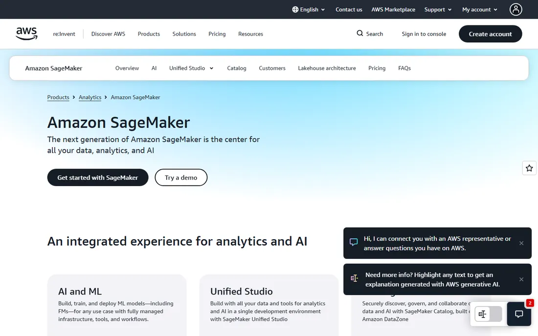 Amazon SageMaker homepage