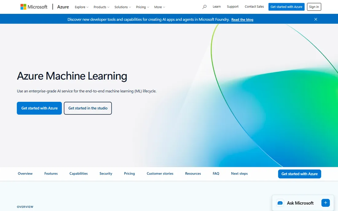 Azure Machine Learning homepage