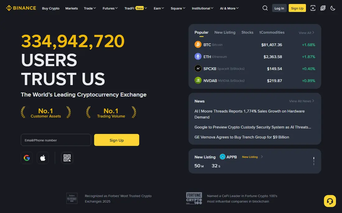 Binance homepage