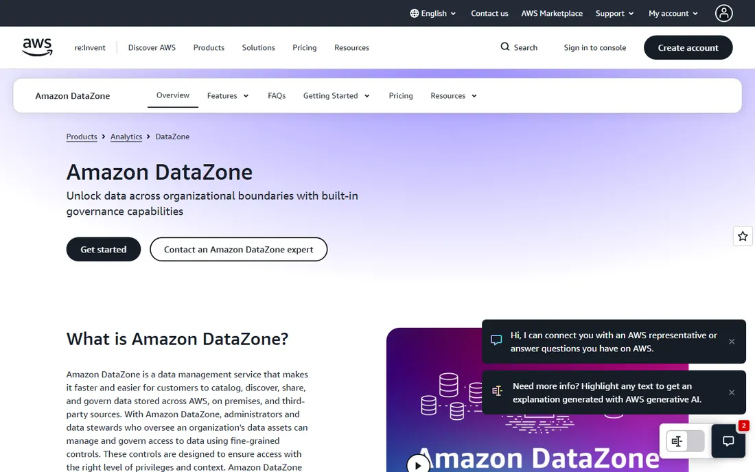 Amazon DataZone homepage