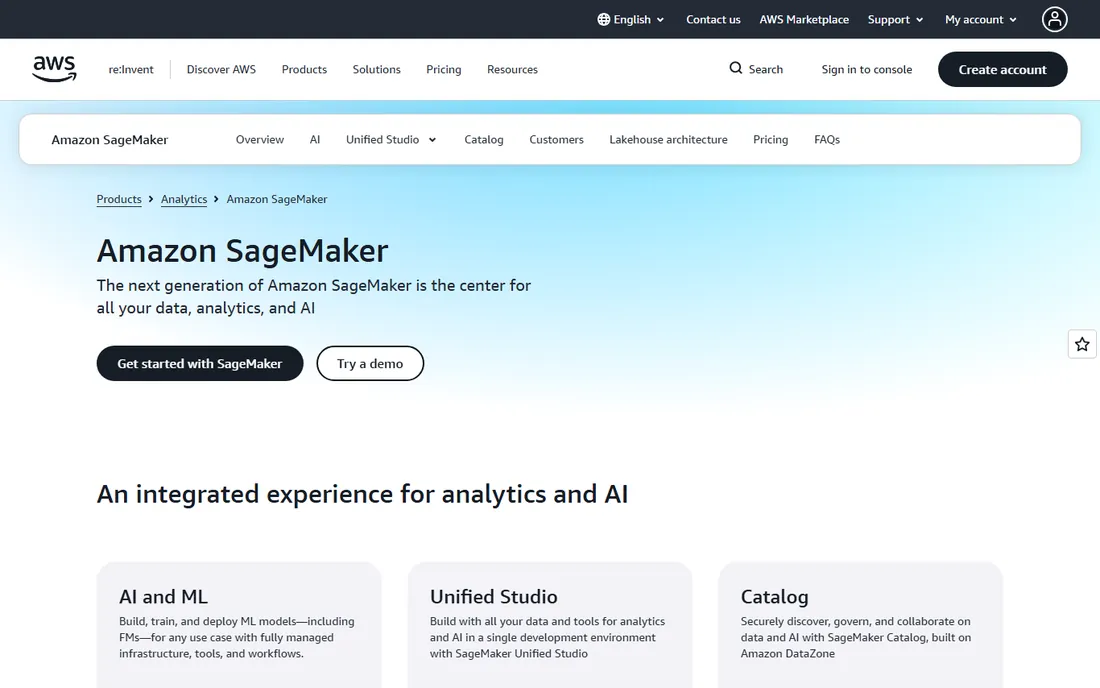 Amazon SageMaker homepage