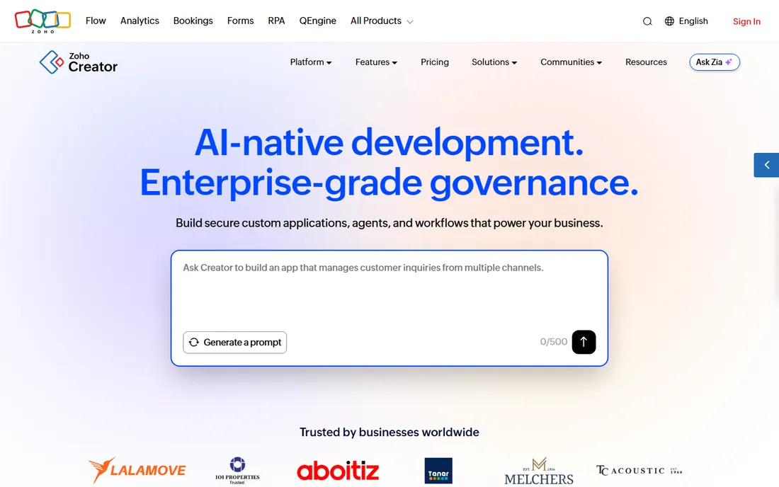 Zoho Creator homepage