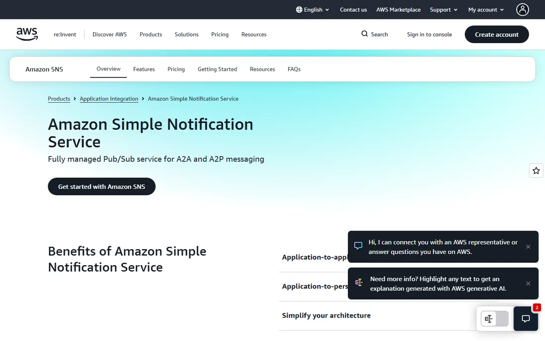 Amazon SNS homepage