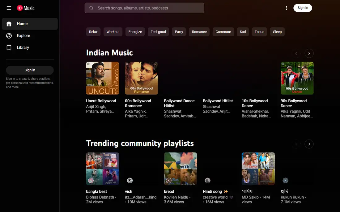 YouTube Music homepage