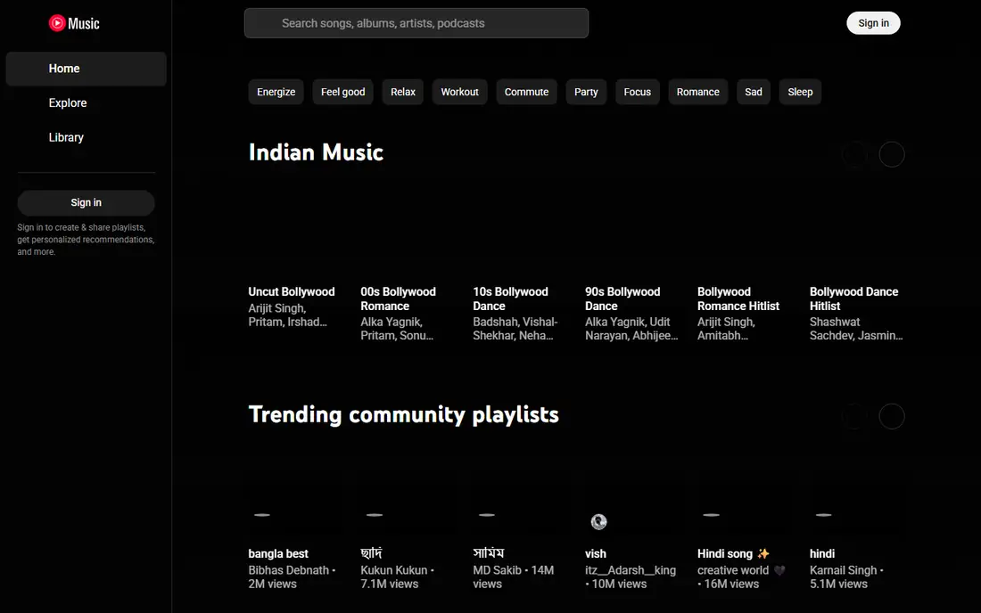 YouTube Music homepage