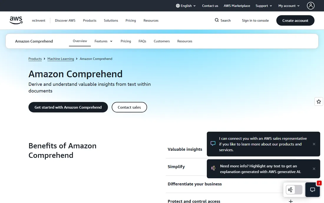 Amazon Comprehend homepage