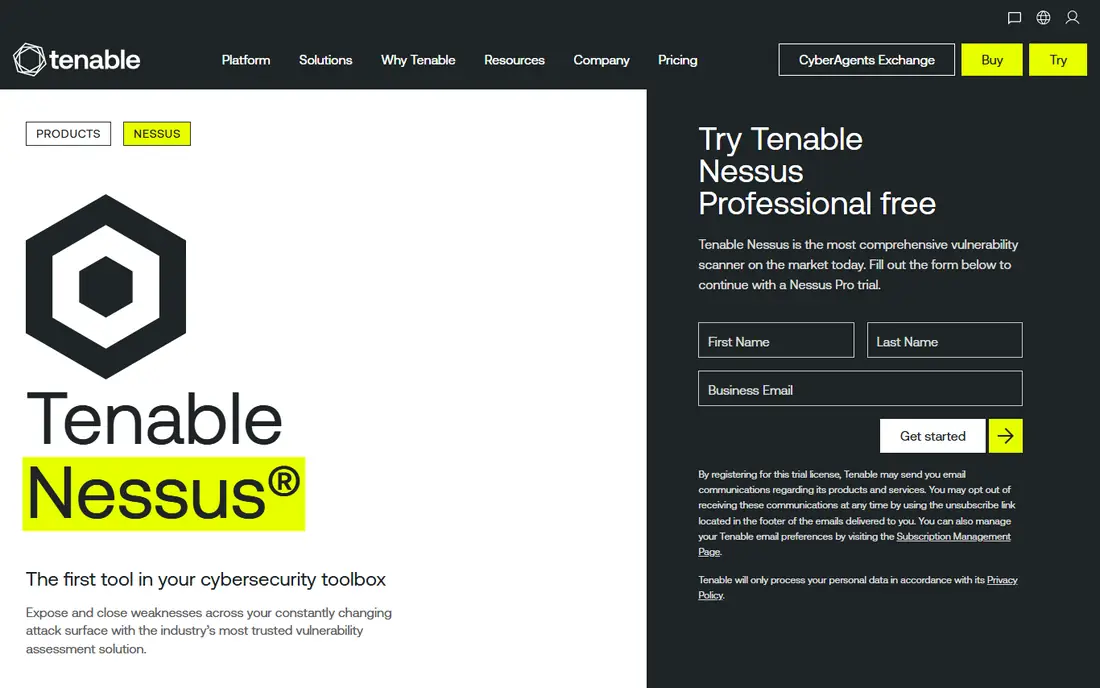 Tenable Nessus homepage