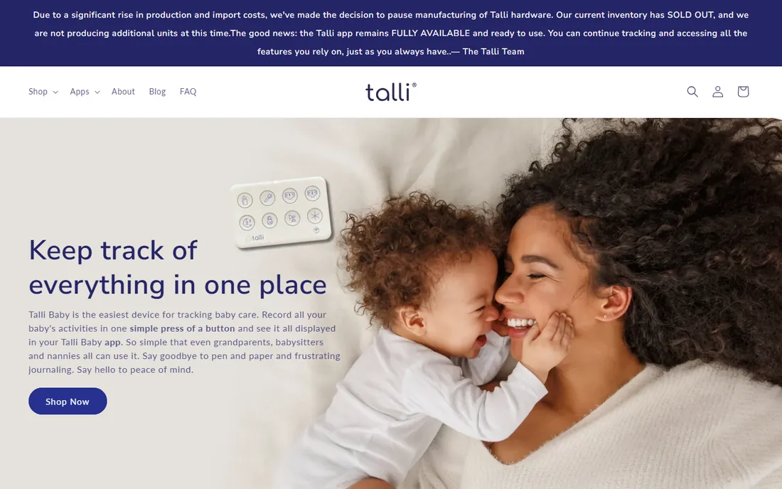 Talli Baby Tracker homepage