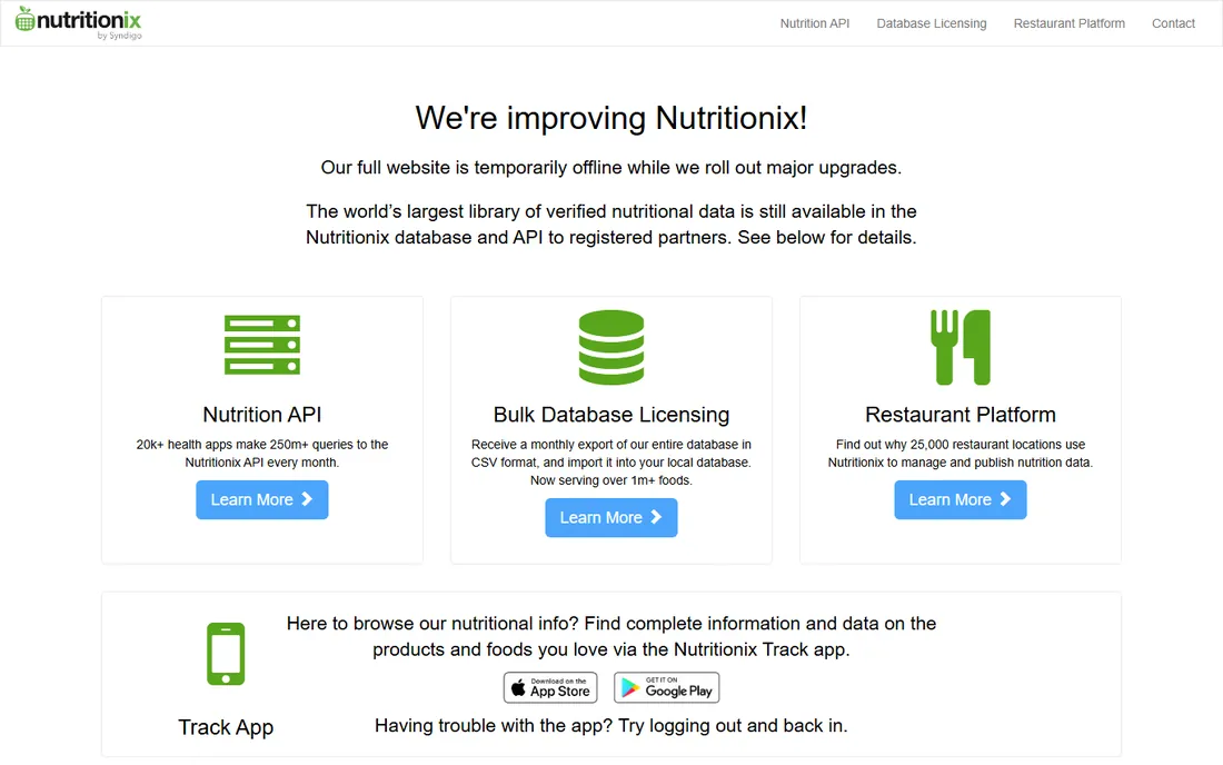 Nutritionix homepage