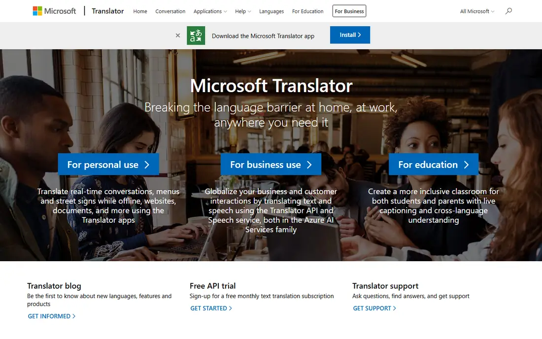 Microsoft Translator homepage