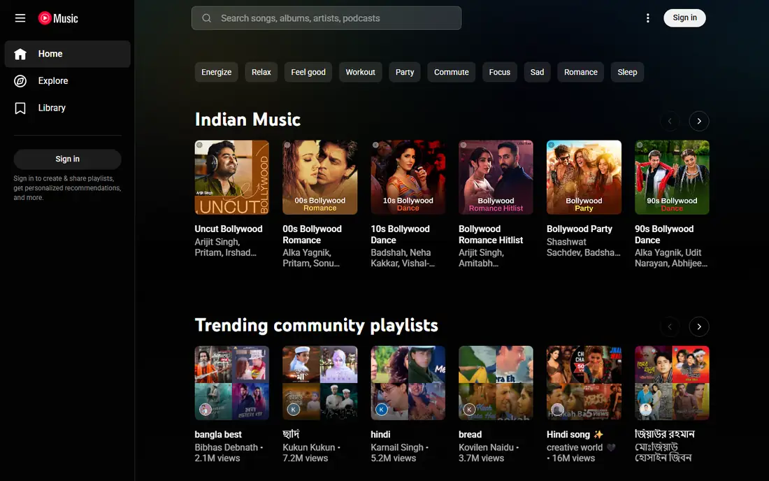 YouTube Music homepage