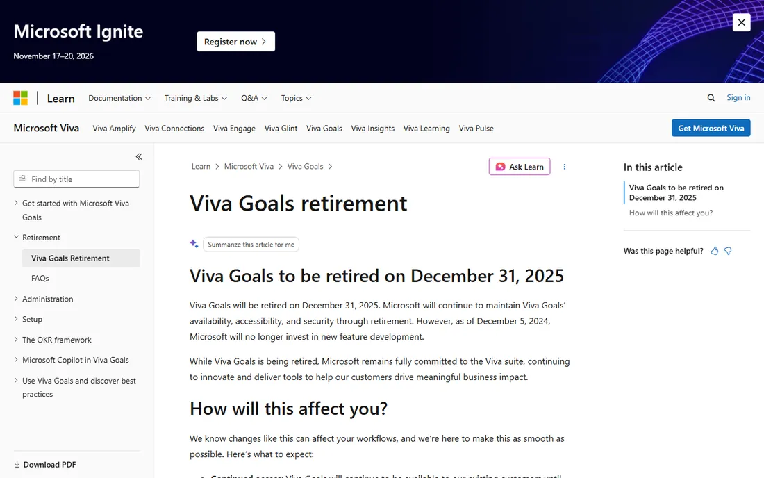 Microsoft Viva Goals homepage