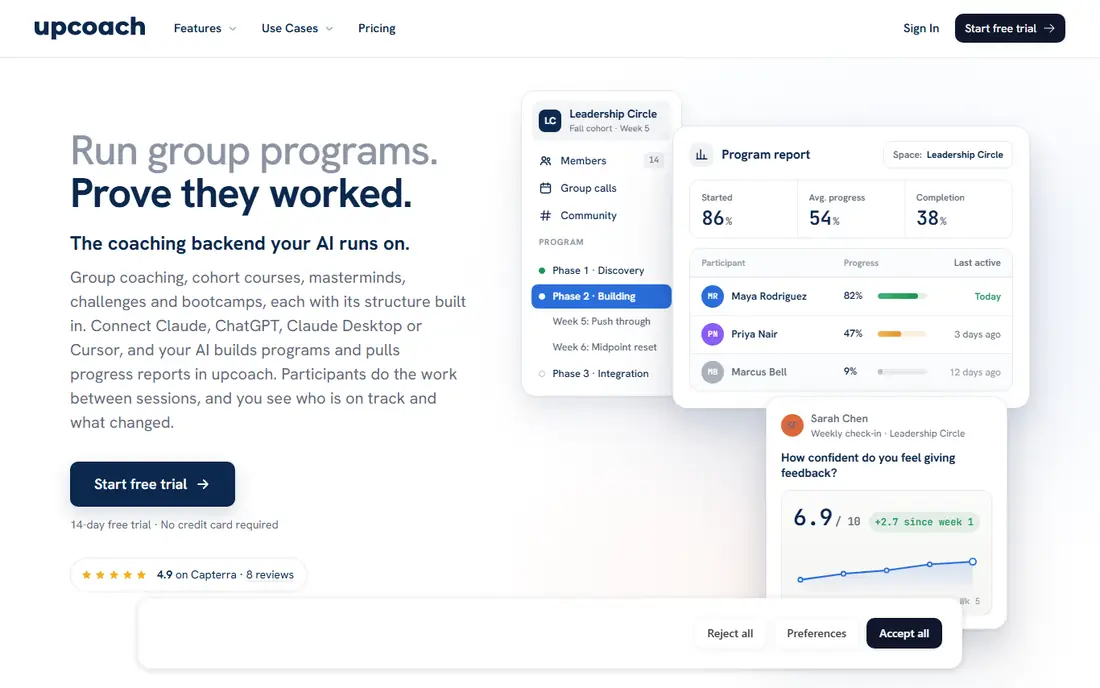 Upcoach homepage