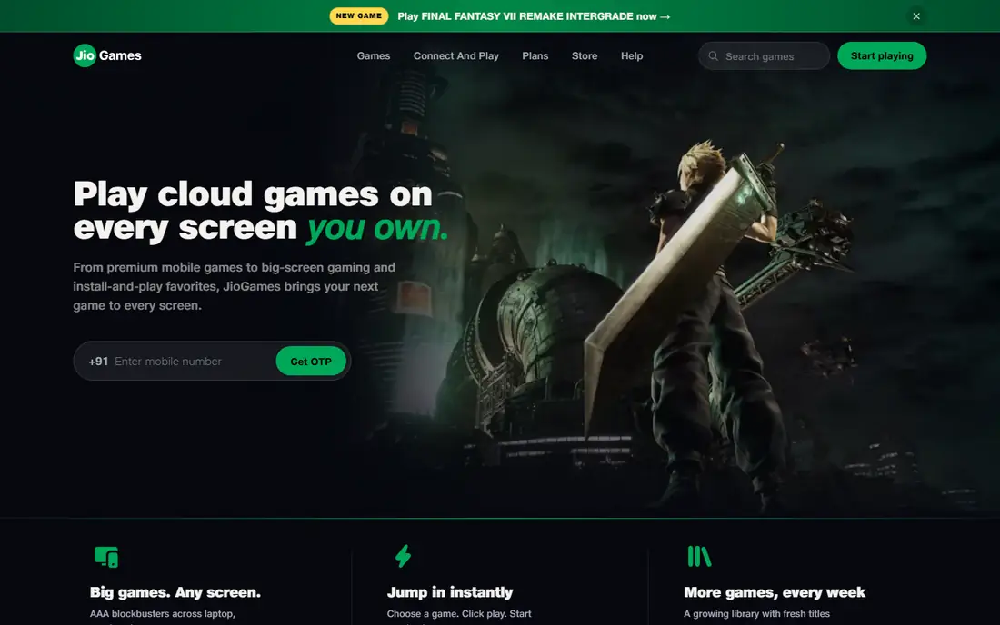JioGames homepage