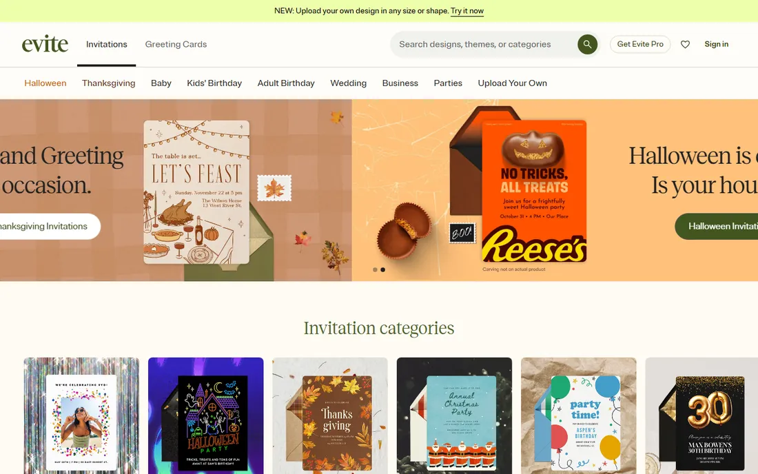 Evite homepage