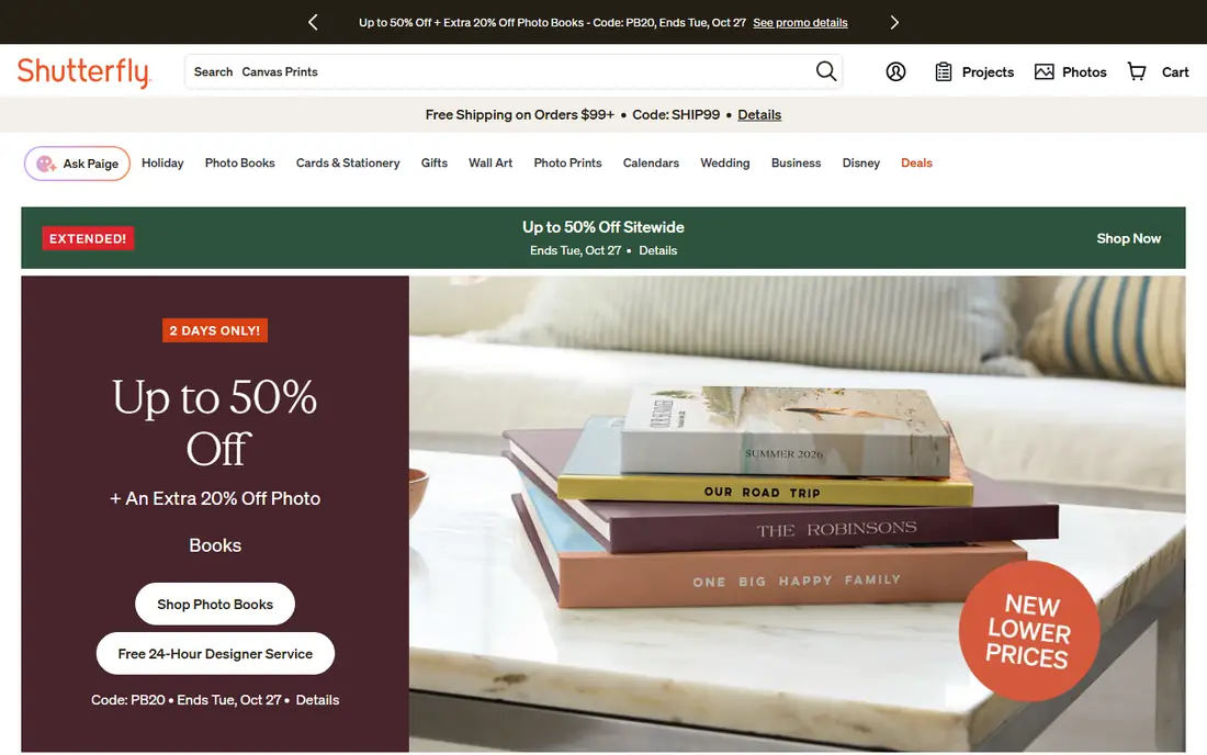 Shutterfly homepage