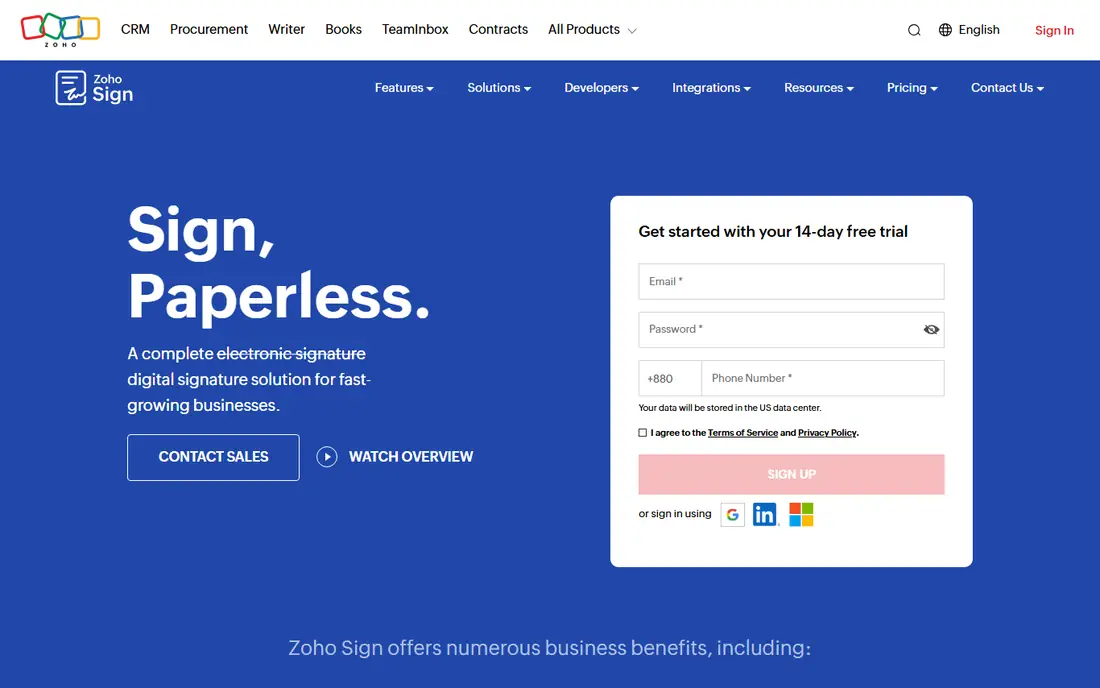 Zoho Sign homepage