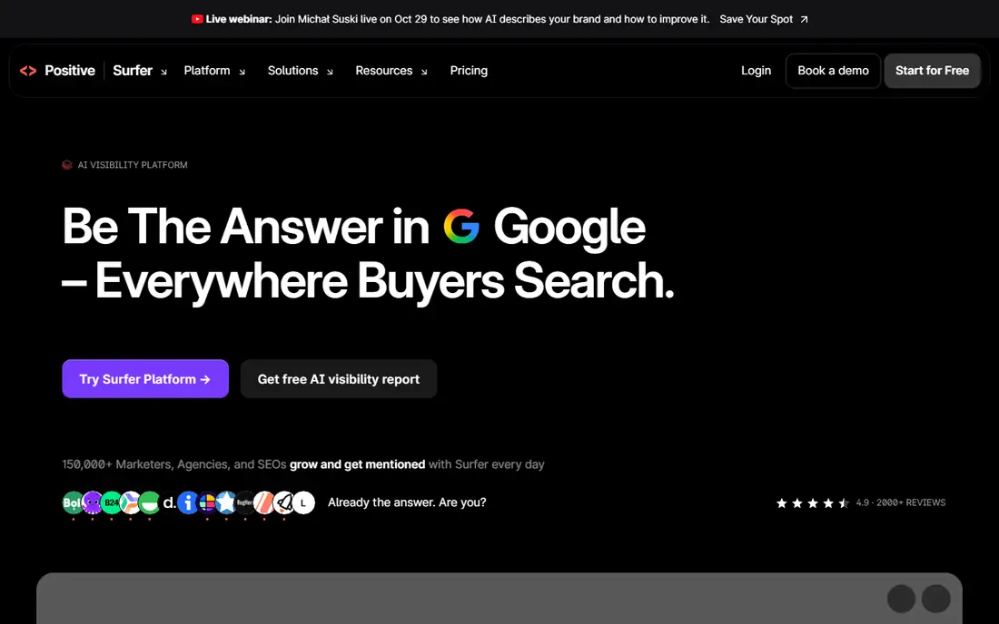 Surfer SEO homepage