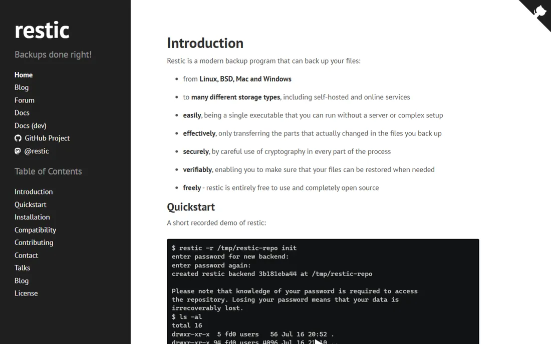 Restic homepage