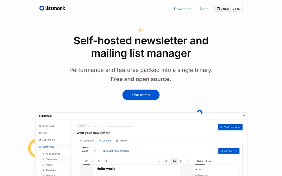 Listmonk homepage