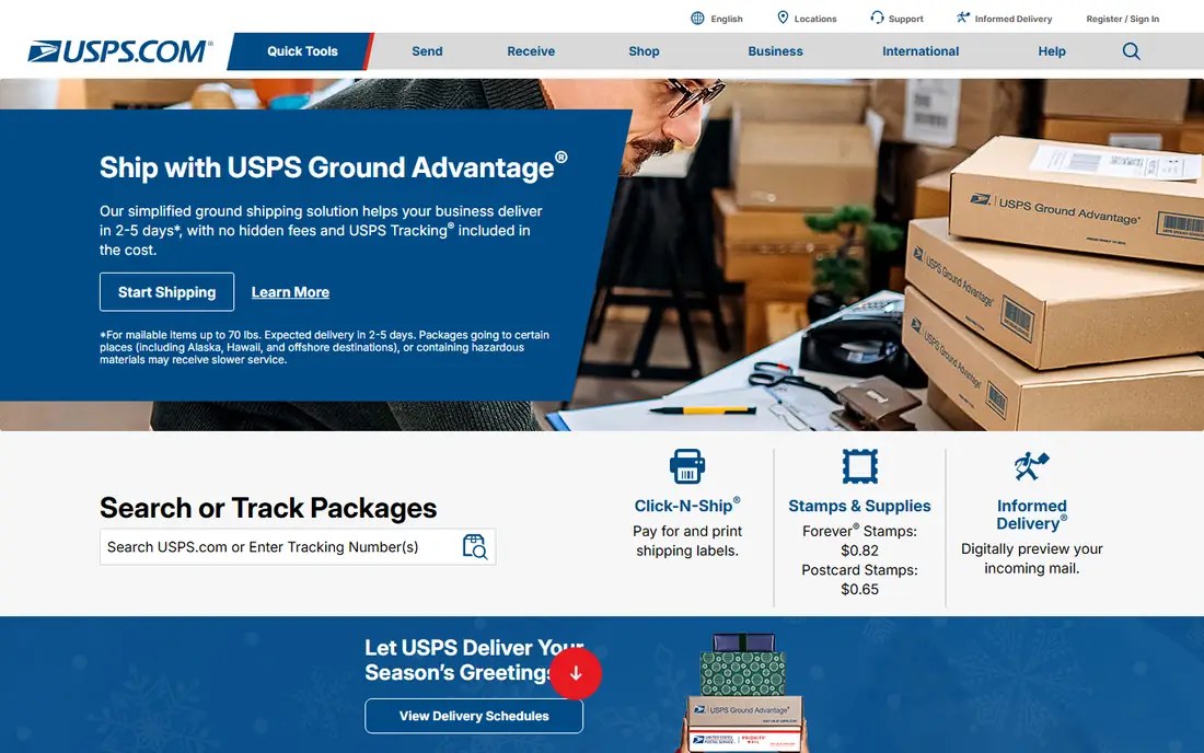 USPS Priority Mail Express homepage