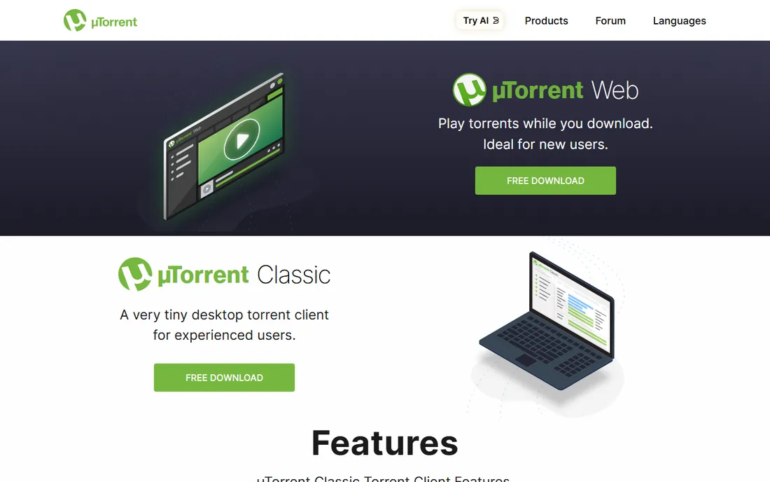 uTorrent homepage