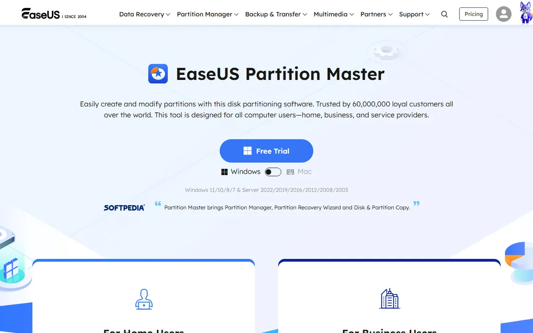 EaseUS Partition Master homepage