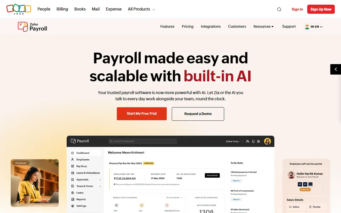 Zoho Payroll homepage