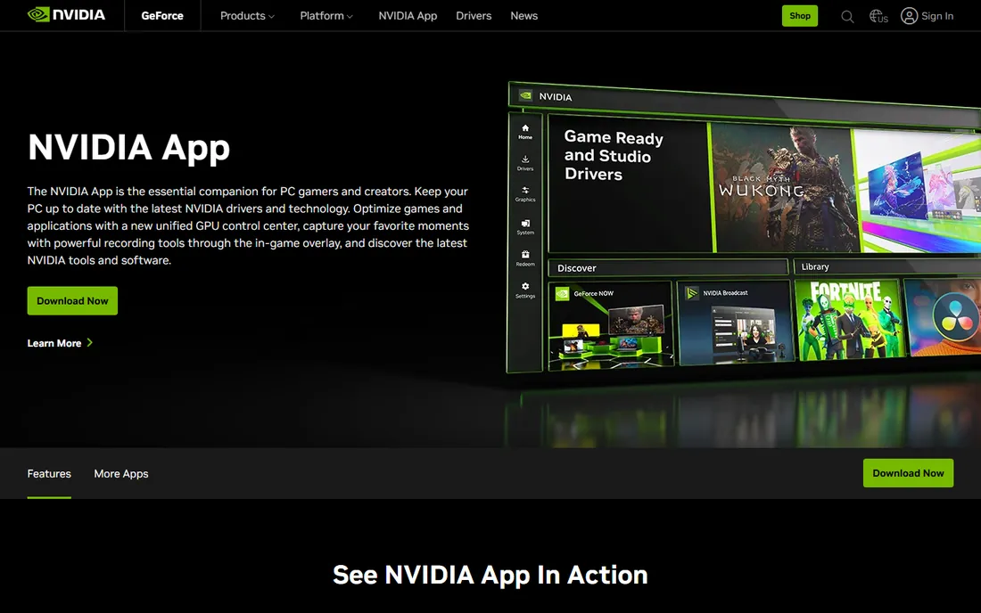 NVIDIA App (ShadowPlay) homepage