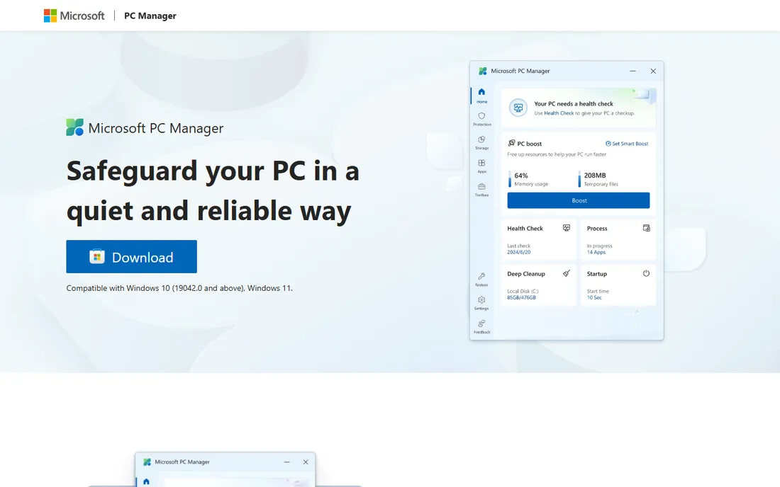 Microsoft PC Manager homepage