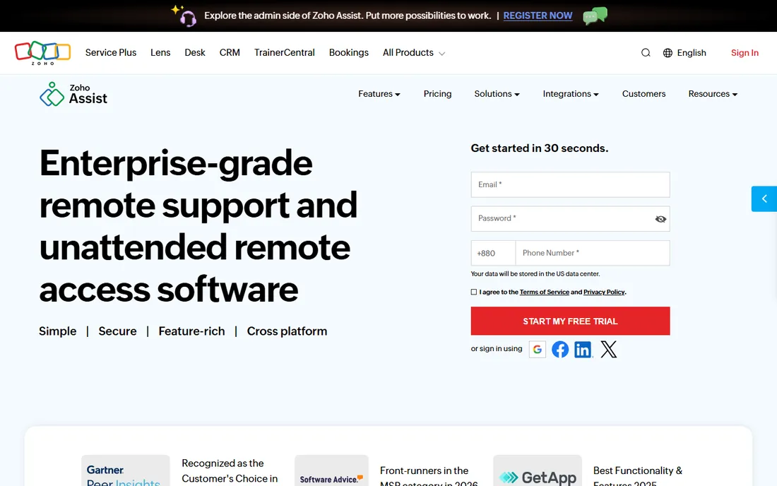 Zoho Assist homepage