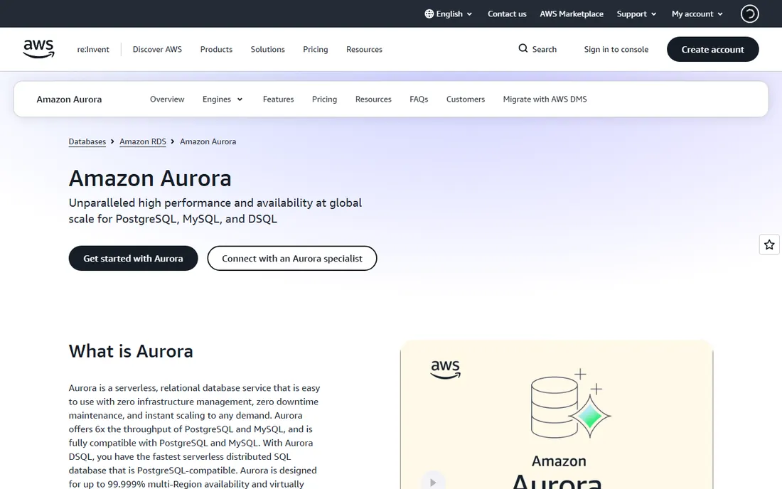 Amazon Aurora homepage