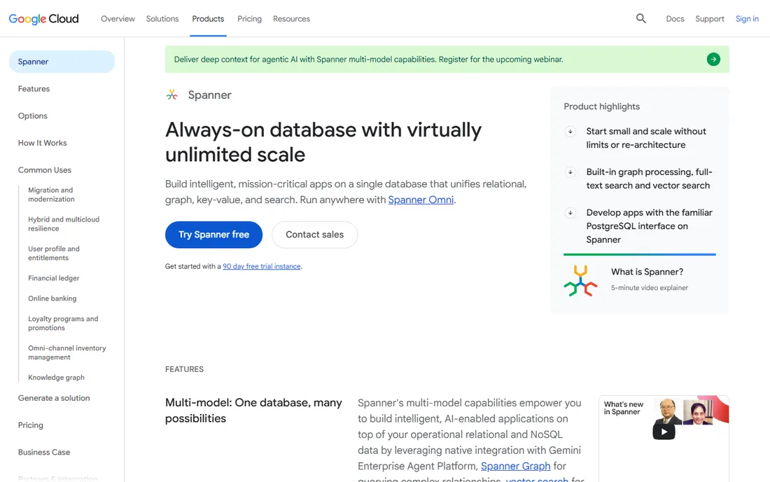 Google Cloud Spanner homepage