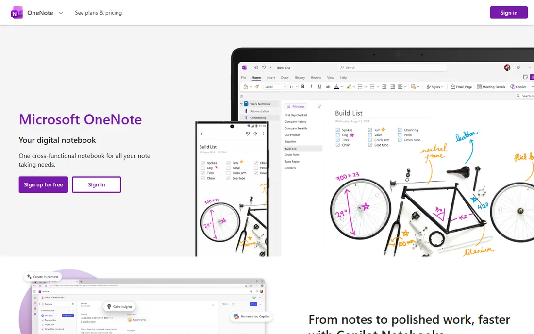 Microsoft OneNote homepage