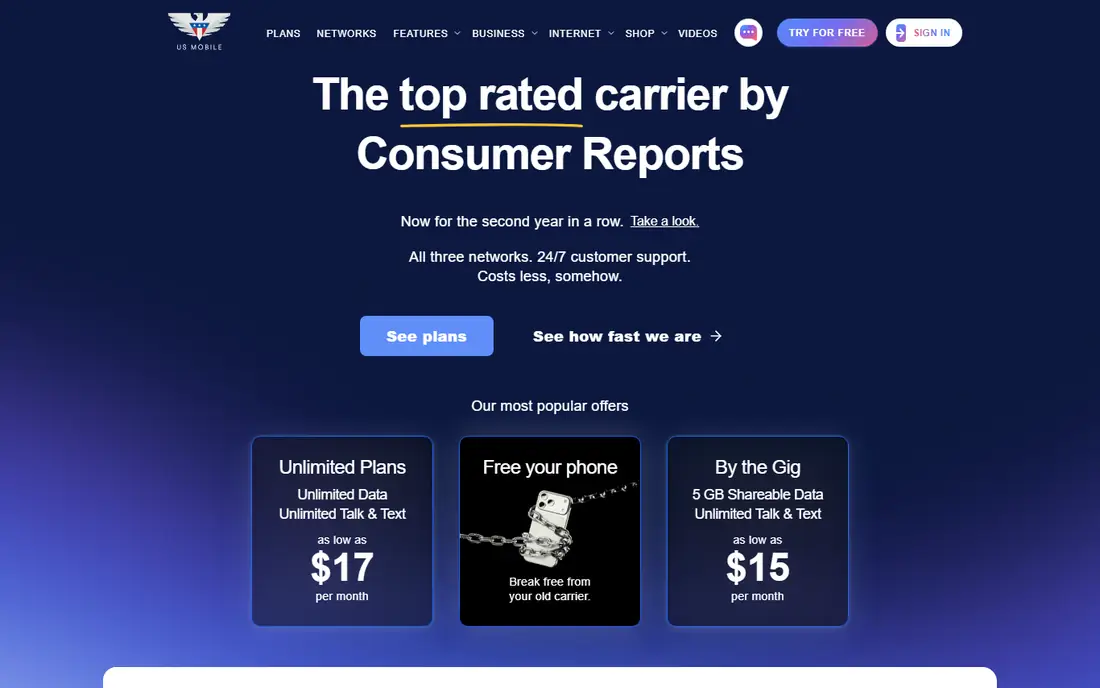 US Mobile homepage
