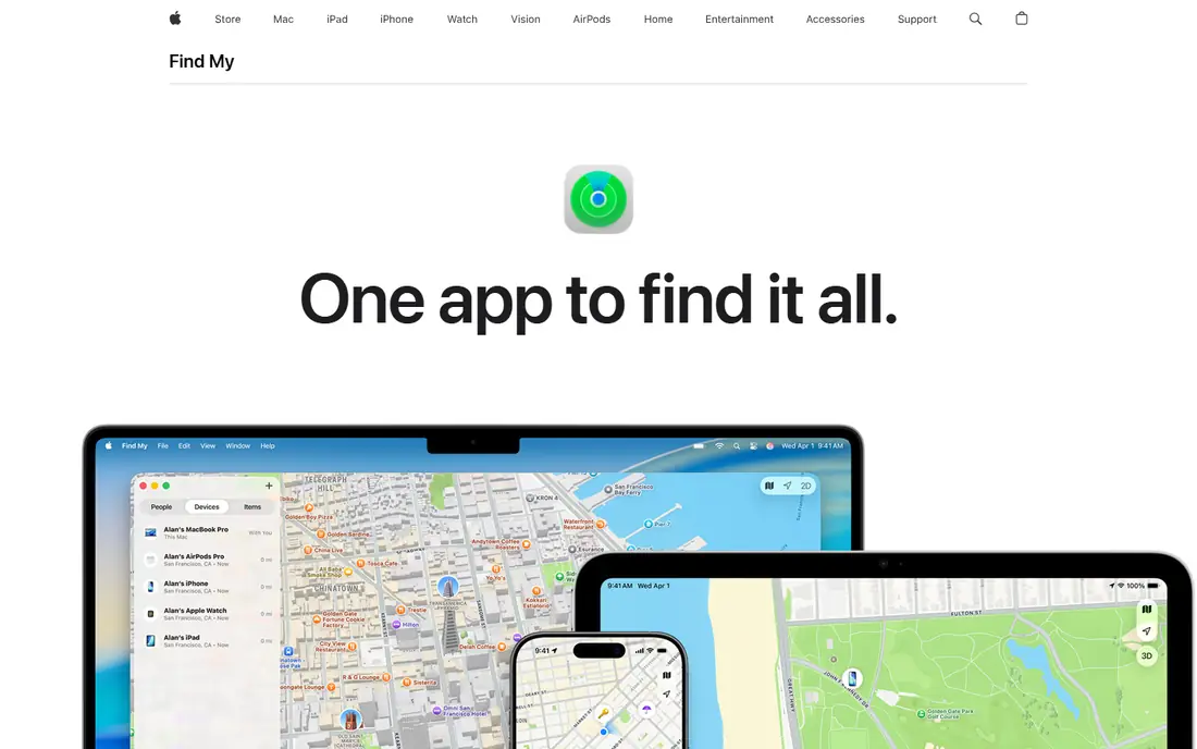Apple Find My homepage