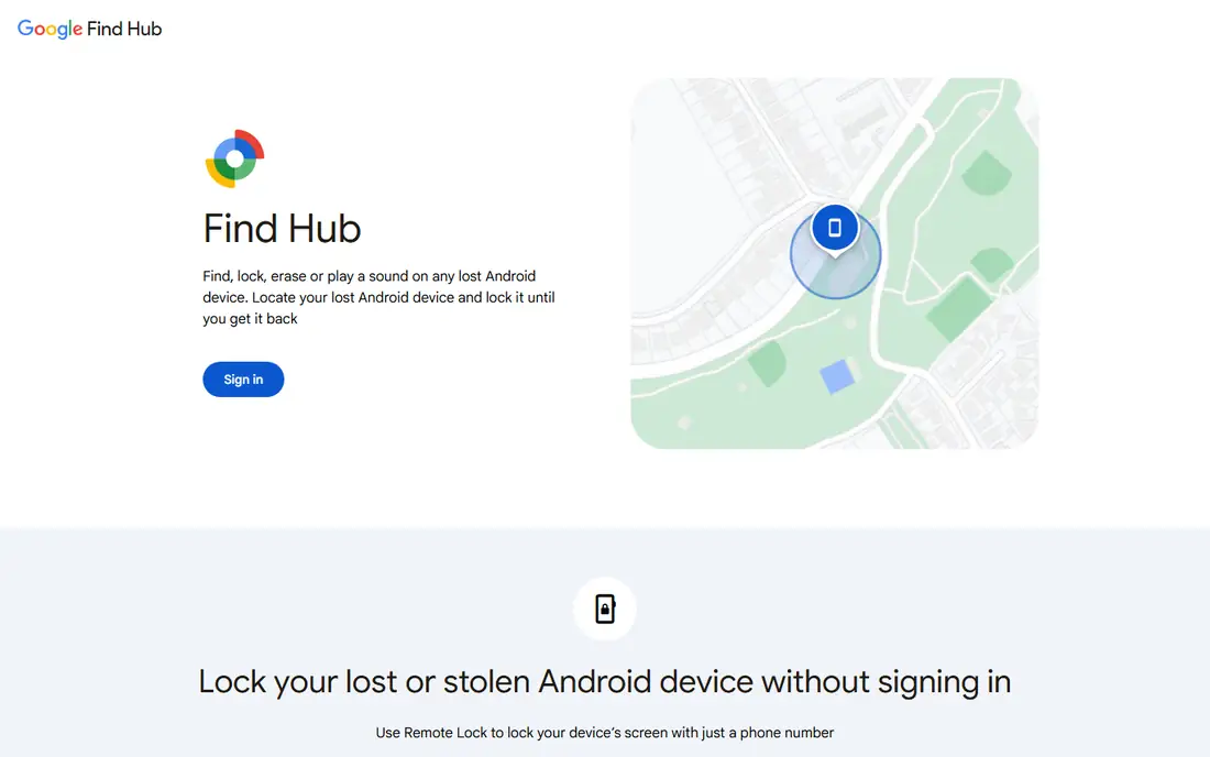 Google Find Hub homepage