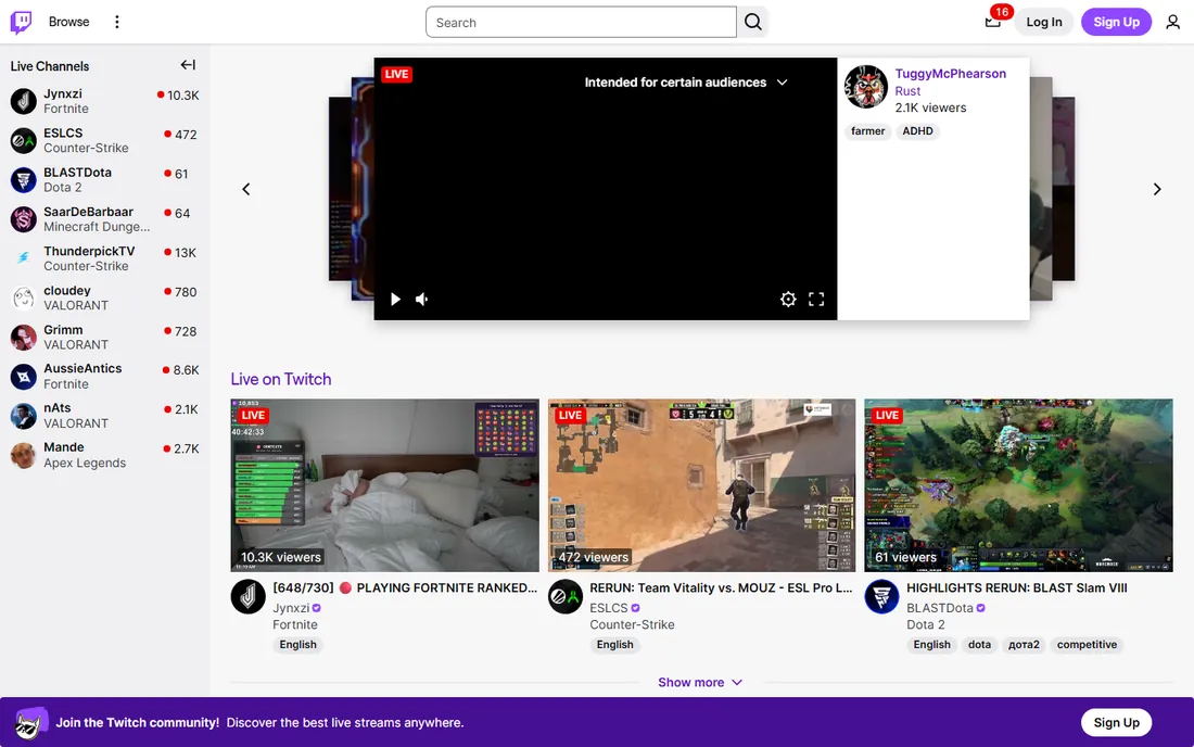 Twitch homepage