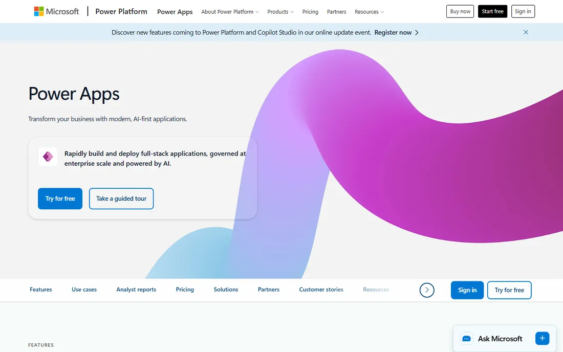 Microsoft Power Apps homepage