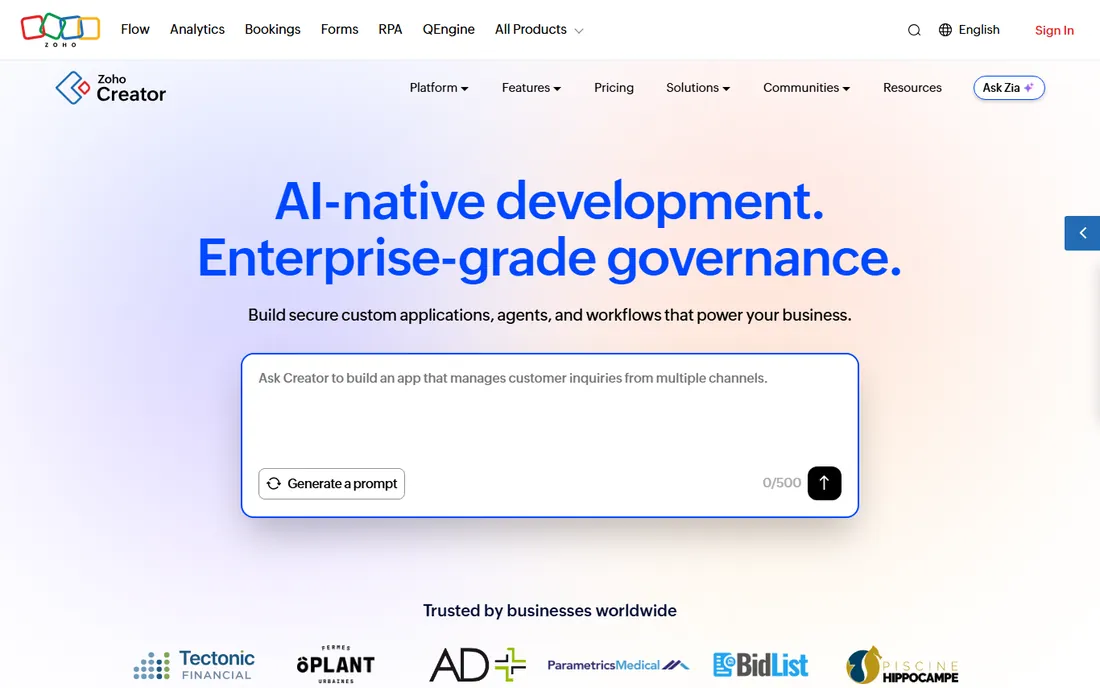Zoho Creator homepage