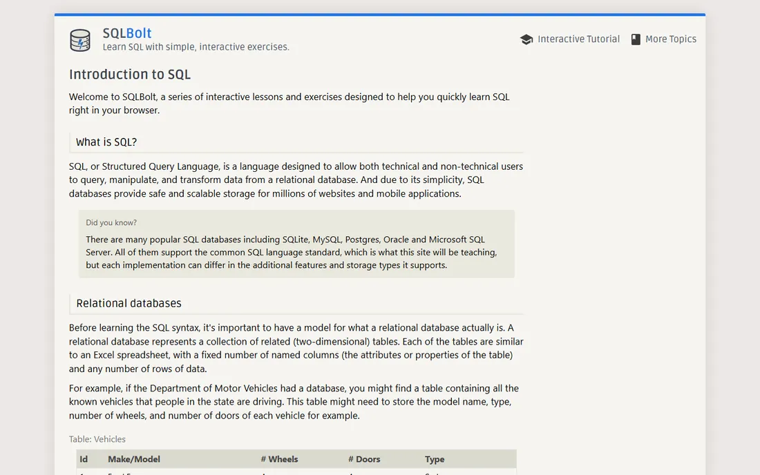 SQLBolt homepage
