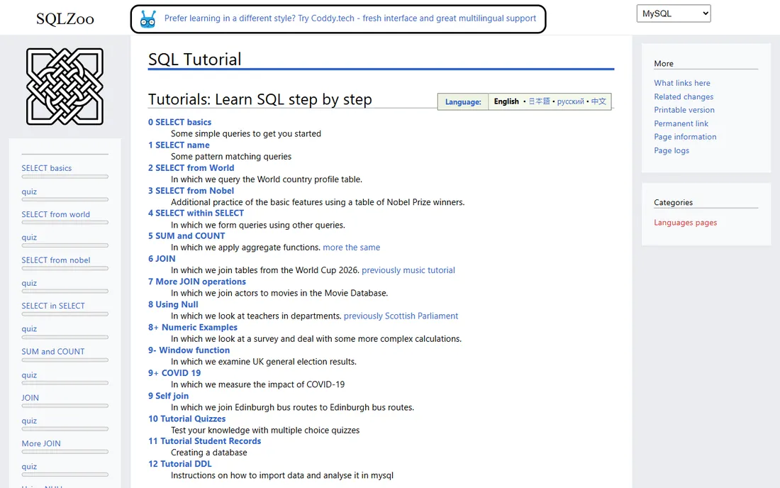 SQLZoo homepage