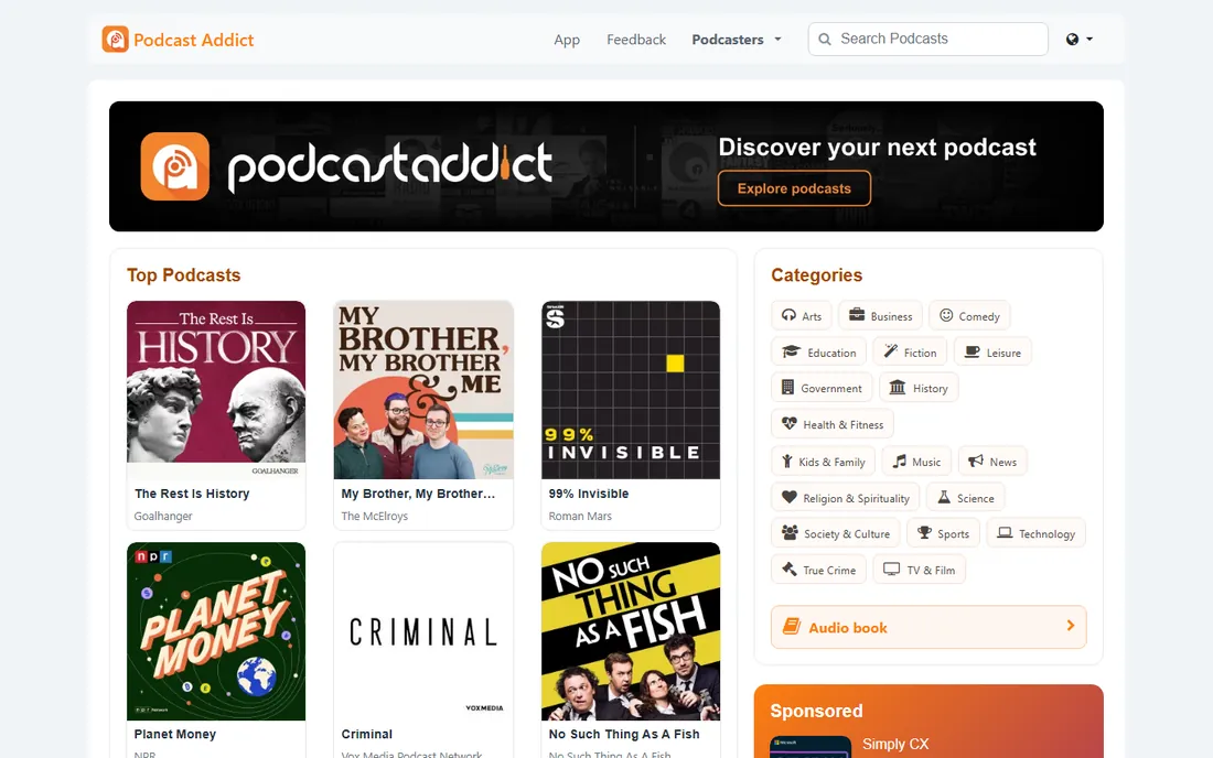 Podcast Addict homepage