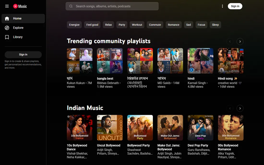 YouTube Music homepage