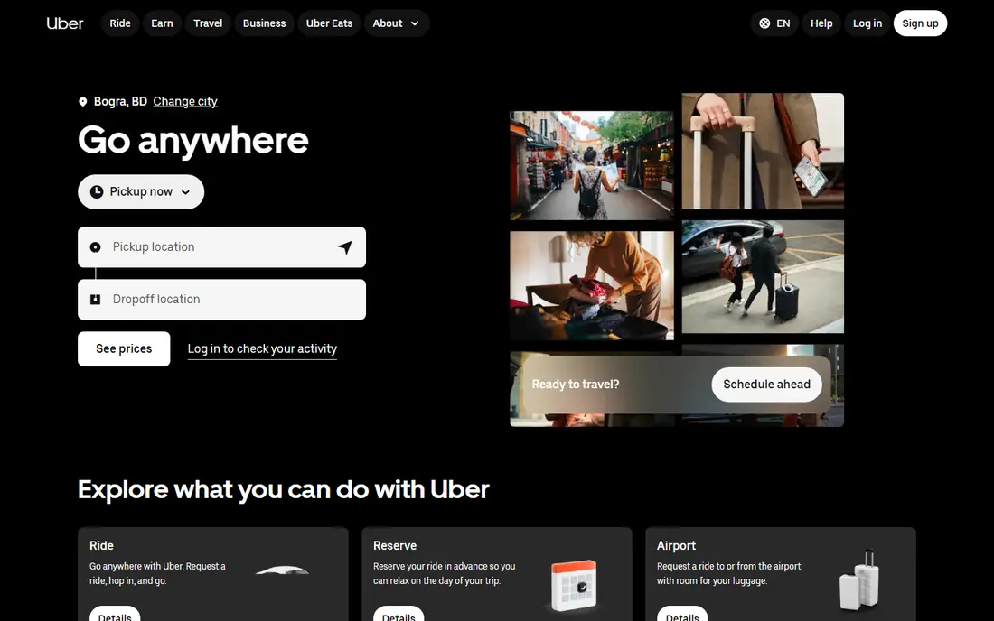 Uber homepage