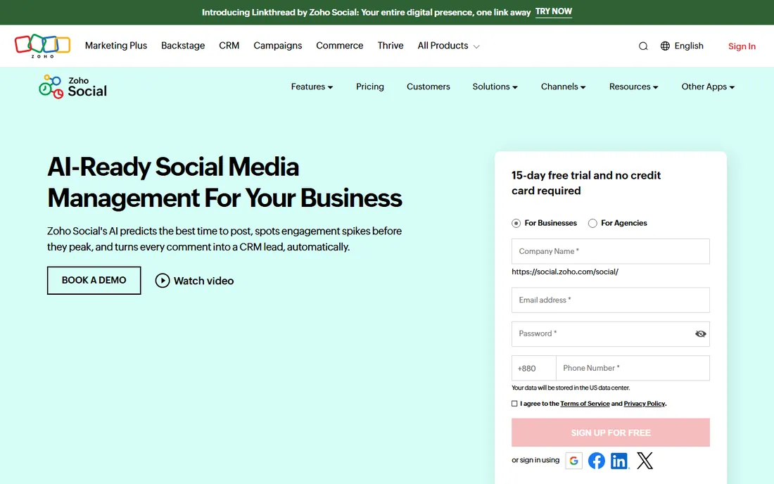 Zoho Social homepage