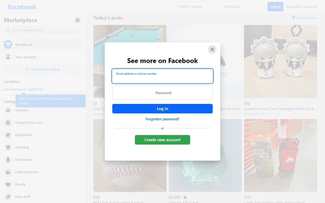 Facebook Marketplace homepage