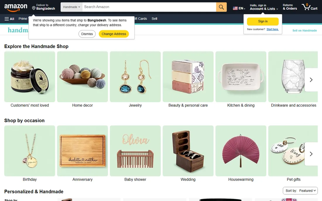 Amazon Handmade homepage
