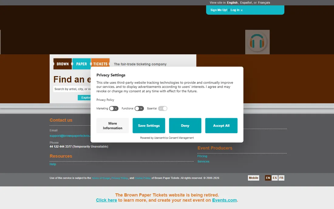 Brown Paper Tickets homepage